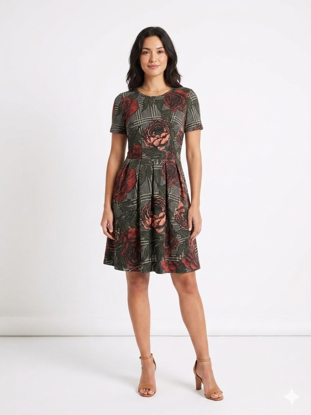Floral Fit-and-Flare Short Sleeve Dress in Olive and Rust